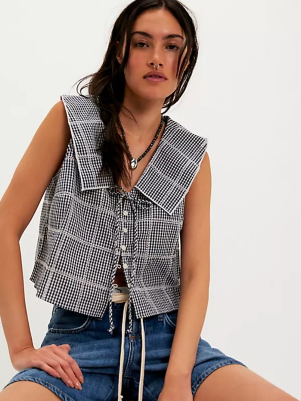NWT Free People Black and White Plaid Sailor-Collar Cropped Tank, Small